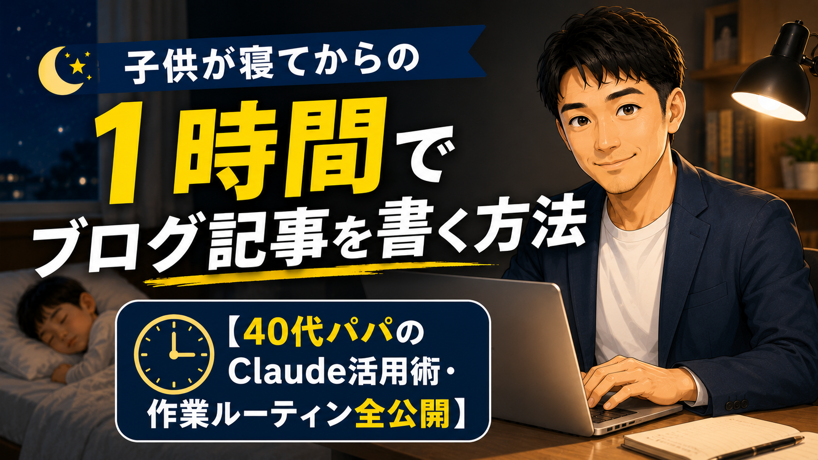 子供が寝ている夜の部屋で、父親がパソコンでブログ記事を書いており、「子供が寝てからの1時間でブログ記事を書く方法【40代パパのClaude活用術・作業ルーティン全公開】」と書かれたサムネイル画像