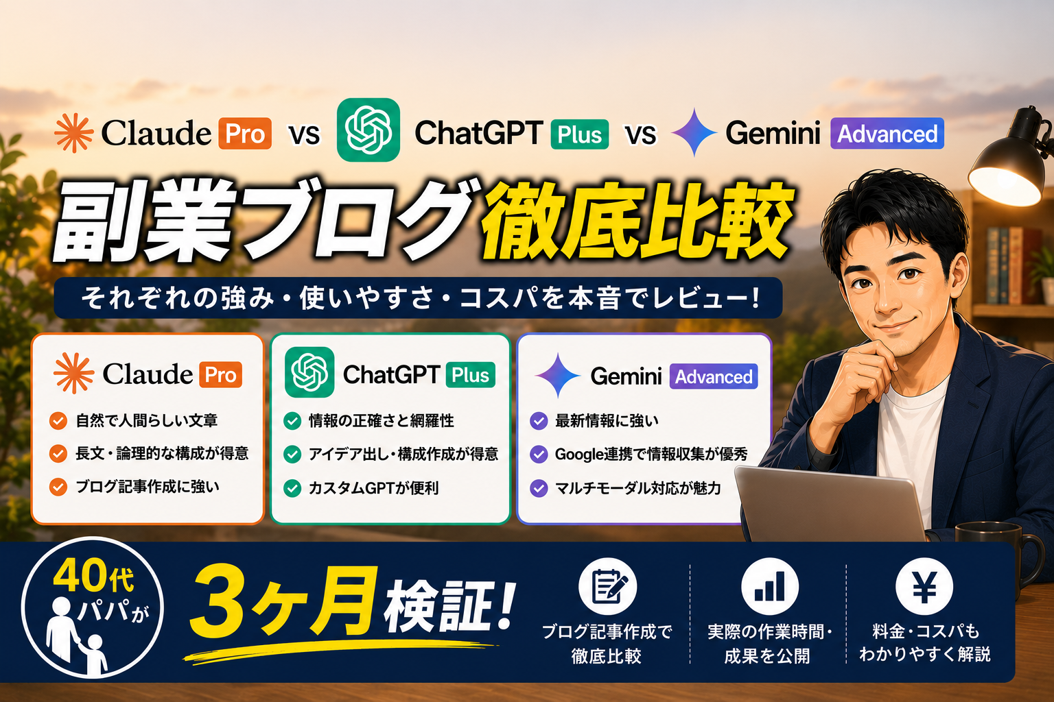 ノートパソコンを前にした40代の父親と、Claude Pro・ChatGPT Plus・Gemini Advancedの比較パネルが並び、「Claude Pro vs ChatGPT Plus vs Gemini Advanced 副業ブログ徹底比較【40代パパが3ヶ月検証】」と書かれたブログ用サムネイル画像