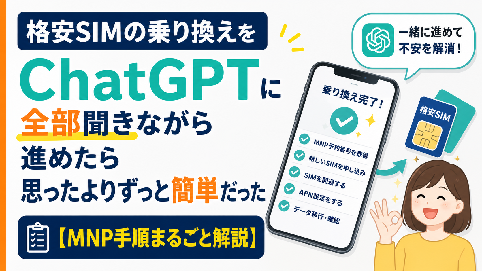 格安SIMへの乗り換え手順をスマートフォン画面のチェックリストで確認しながら進めている様子を描いたブログ用サムネイル画像。左側には「格安SIMの乗り換えをChatGPTに全部聞きながら進めたら思ったよりずっと簡単だった」という大きな文字が配置され、下部には「【MNP手順まるごと解説】」のバッジが表示されている。右側には「乗り換え完了！」と表示されたスマホ画面やSIMカードのイラスト、安心した表情の女性キャラクターが描かれ、ChatGPTを使ってMNP手続きをスムーズに進められたことを表現している。