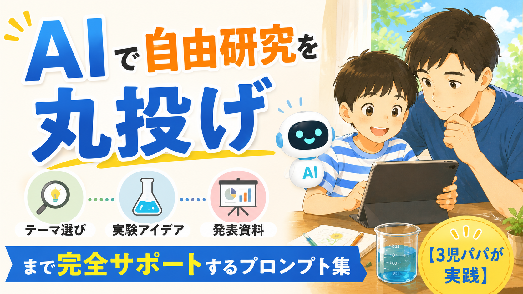 お父さんと小学生の男の子がタブレットを見ながら自由研究のまとめを作っており、テーブルにはビーカーやノートが並んでいる。左側には「AIで自由研究を丸投げ」という大きな文字が配置され、テーマ選び・実験アイデア・発表資料までAIがサポートすることを表現したブログ用サムネイル画像。