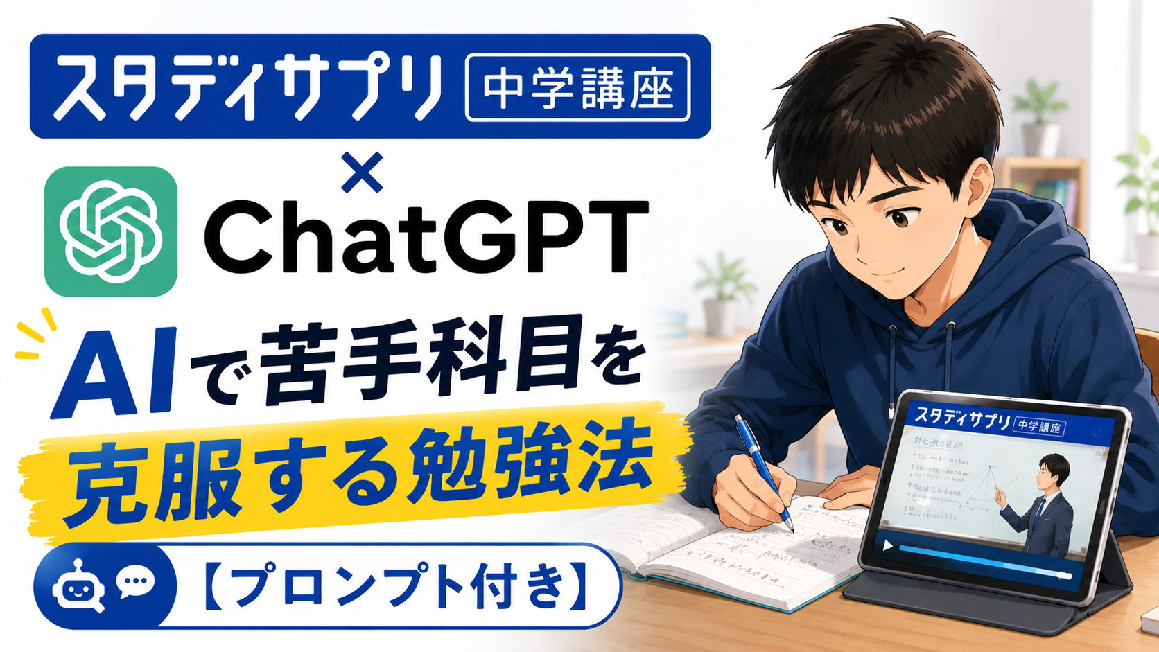 机に向かってノートに書き込みながら勉強する中学生の男の子と、タブレットに表示されたスタディサプリ中学講座の画面が描かれたブログ用サムネイル画像。左側には「スタディサプリ中学講座 × ChatGPT」「AIで苦手科目を克服する勉強法【プロンプト付き】」という大きな文字が配置され、AIを活用した効率的な学習方法を表現している。