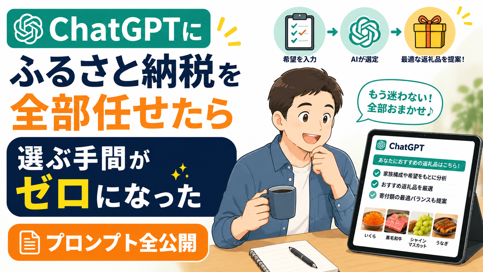 コーヒーを片手にChatGPTを使いながらふるさと納税の返礼品を比較している40代パパのイラストが描かれたブログ用サムネイル画像。左側には「ChatGPTにふるさと納税を全部任せたら 選ぶ手間がゼロになった」という大きな文字が配置され、下部には「プロンプト全公開」のオレンジ色バッジが表示されている。右側のタブレットには、家族構成や希望条件をもとにおすすめ返礼品を提案するChatGPT画面が表示され、いくら・黒毛和牛・シャインマスカット・うなぎなどの返礼品画像が並んでいる。