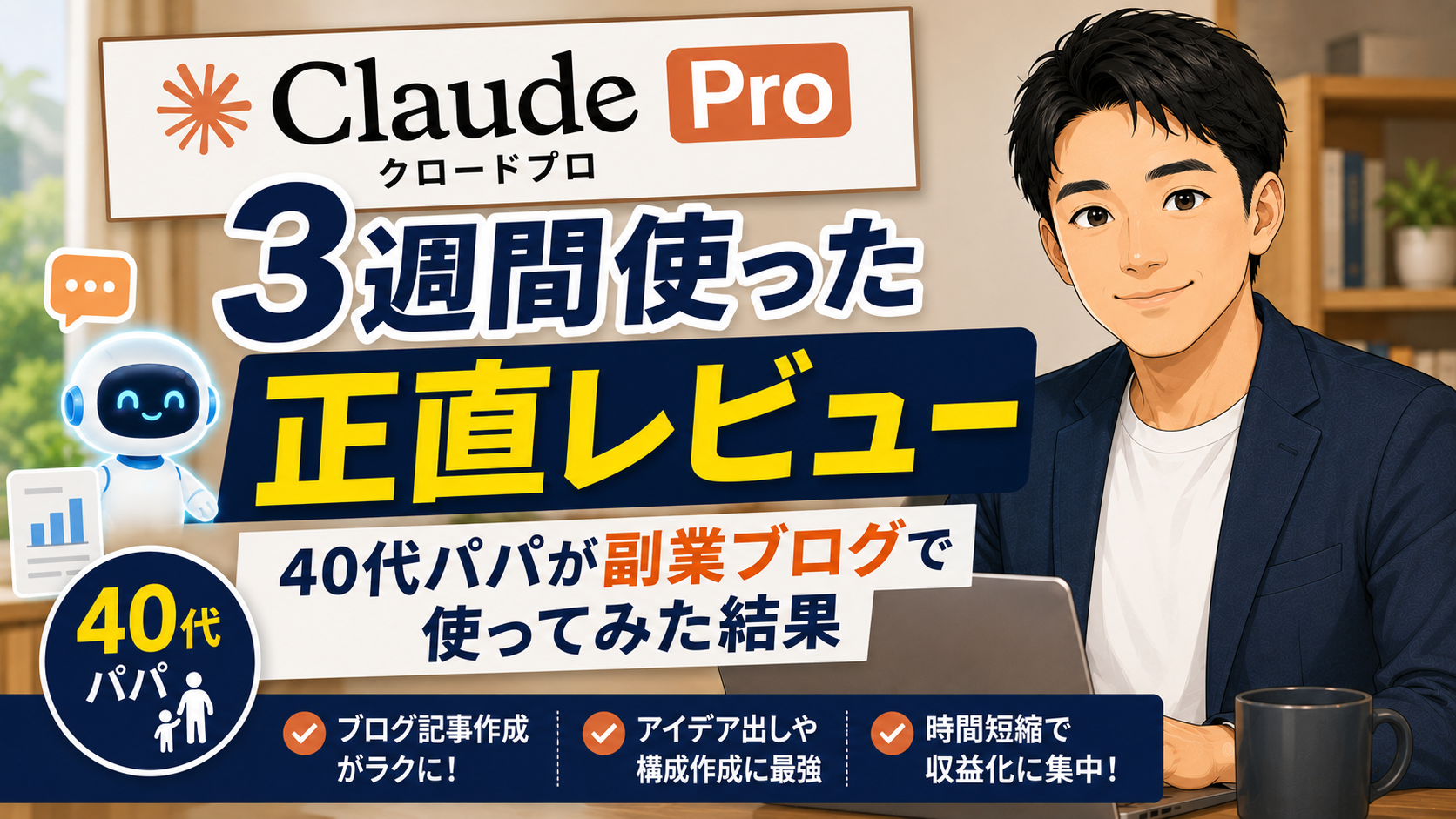 ノートパソコンの前に座る40代の父親とAIキャラクターが描かれ、「Claude Pro（クロードプロ）を3週間使った正直レビュー｜40代パパが副業ブログで使ってみた結果」と書かれたブログ用サムネイル画像