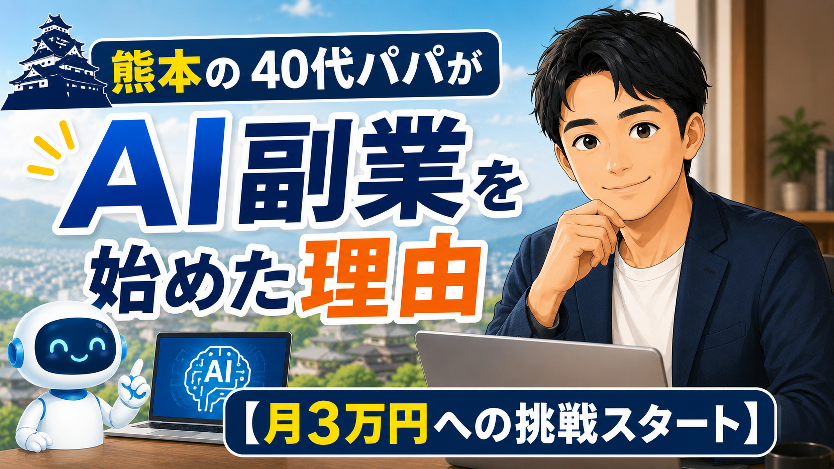 ノートパソコンを前にした40代の父親が微笑みながら座っており、「熊本の40代パパがAI副業を始めた理由【月3万円への挑戦スタート】」と書かれたAI副業ブログのサムネイル画像