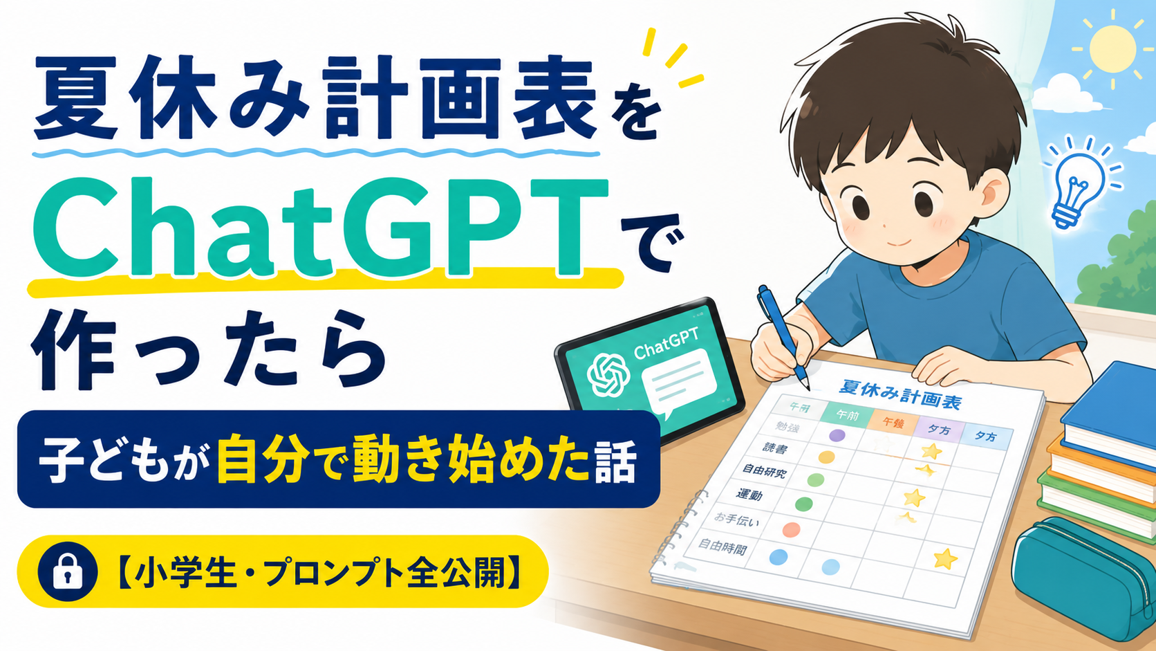 夏休みの計画表を見ながら机で勉強している小学生の男の子のイラストが描かれたブログ用サムネイル画像。左側には「夏休み計画表をChatGPTで作ったら 子どもが自分で動き始めた話」という大きな文字が配置され、下部には「【小学生・プロンプト全公開】」のバッジが表示されている。タブレットにはChatGPT風の画面が映り、AIを使った夏休み管理をテーマにした記事であることを表現している。