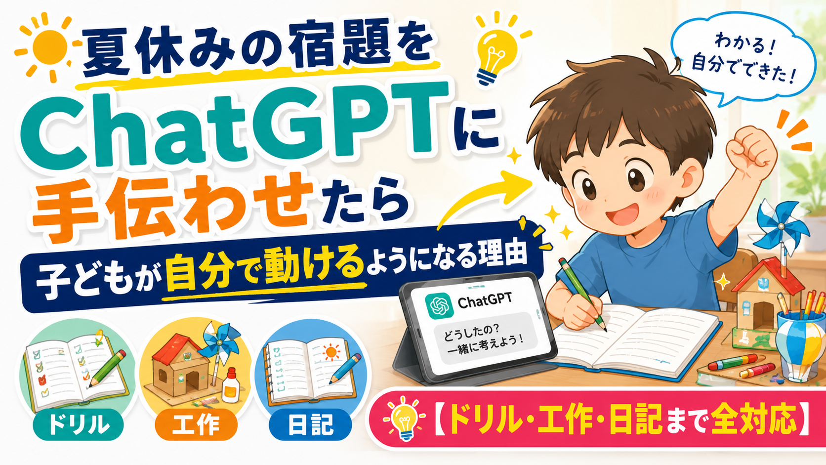 夏休みの宿題に取り組む小学生の男の子が、ChatGPTを表示したタブレットを見ながら勉強しているブログ用サムネイル画像。左側には「夏休みの宿題をChatGPTに手伝わせたら 子どもが自分で動けるようになる理由」という大きな文字が配置され、下部には「ドリル・工作・日記まで全対応」のバッジが表示されている。机の上にはノートや工作道具、絵日記などが並び、AIを活用して子どもが主体的に宿題へ取り組む様子を表現している。