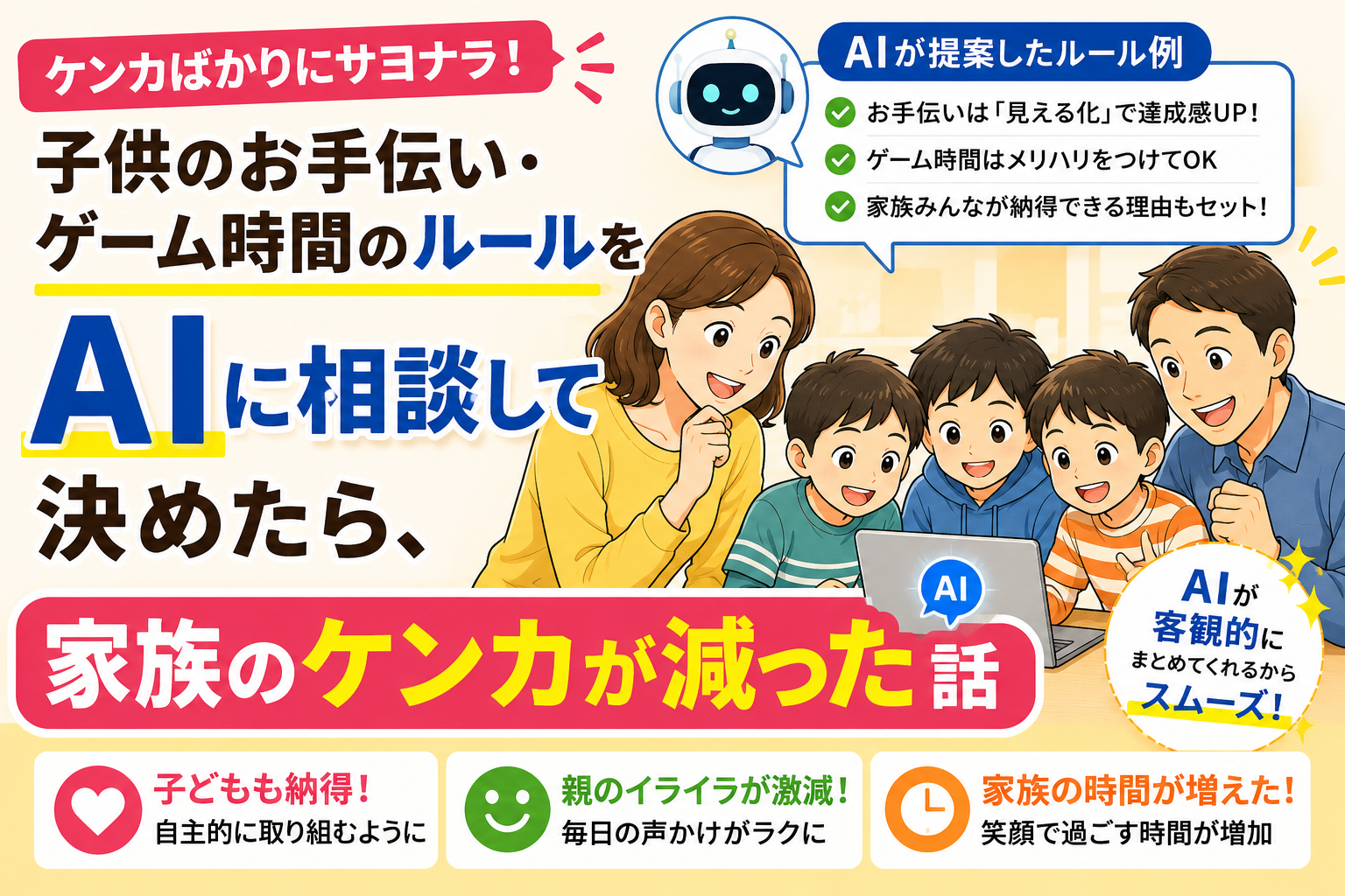 AIを活用して子どものお手伝いとゲーム時間のルールを決めた体験を紹介するブログカード。左側に「子供のお手伝い・ゲーム時間のルールをAIに相談して決めたら、家族のケンカが減った話」という大きな見出しを配置。右側には、父親・母親と男の子3人がノートパソコンを囲みながら笑顔で話し合う親しみやすいイラストを掲載。パソコン画面にはAIアイコンが表示され、吹き出しには「お手伝いは見える化」「ゲーム時間はメリハリをつける」などのルール例を記載。下部には「子どもも納得」「親のイライラが減った」「家族の時間が増えた」といったメリットをアイコン付きで紹介し、AIを活用した家庭内ルール作りの効果をわかりやすく表現している。