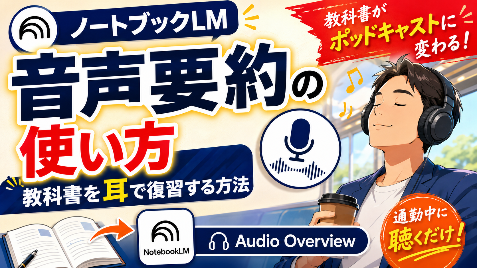 NotebookLMの音声要約機能（Audio Overview）を紹介するブログカード。ネイビーとオレンジを基調としたデザインで、「音声要約の使い方」の大きなタイトルが中央に配置されている。右側にはヘッドホンを着けて通勤中に音声を聴いている男性のイラストが描かれ、背景には電車内のイメージ。上部には「教科書がポッドキャストに変わる！」というキャッチコピー。下部には教科書からNotebookLMへ変換されるイメージとマイクアイコンが配置され、「教科書を耳で復習する方法」「通勤中に聴くだけ！」といった訴求文が目立つ。NotebookLMのAudio Overviewを使い、教科書や資料を音声化してスキマ時間に学習できることを表現したサムネイル。