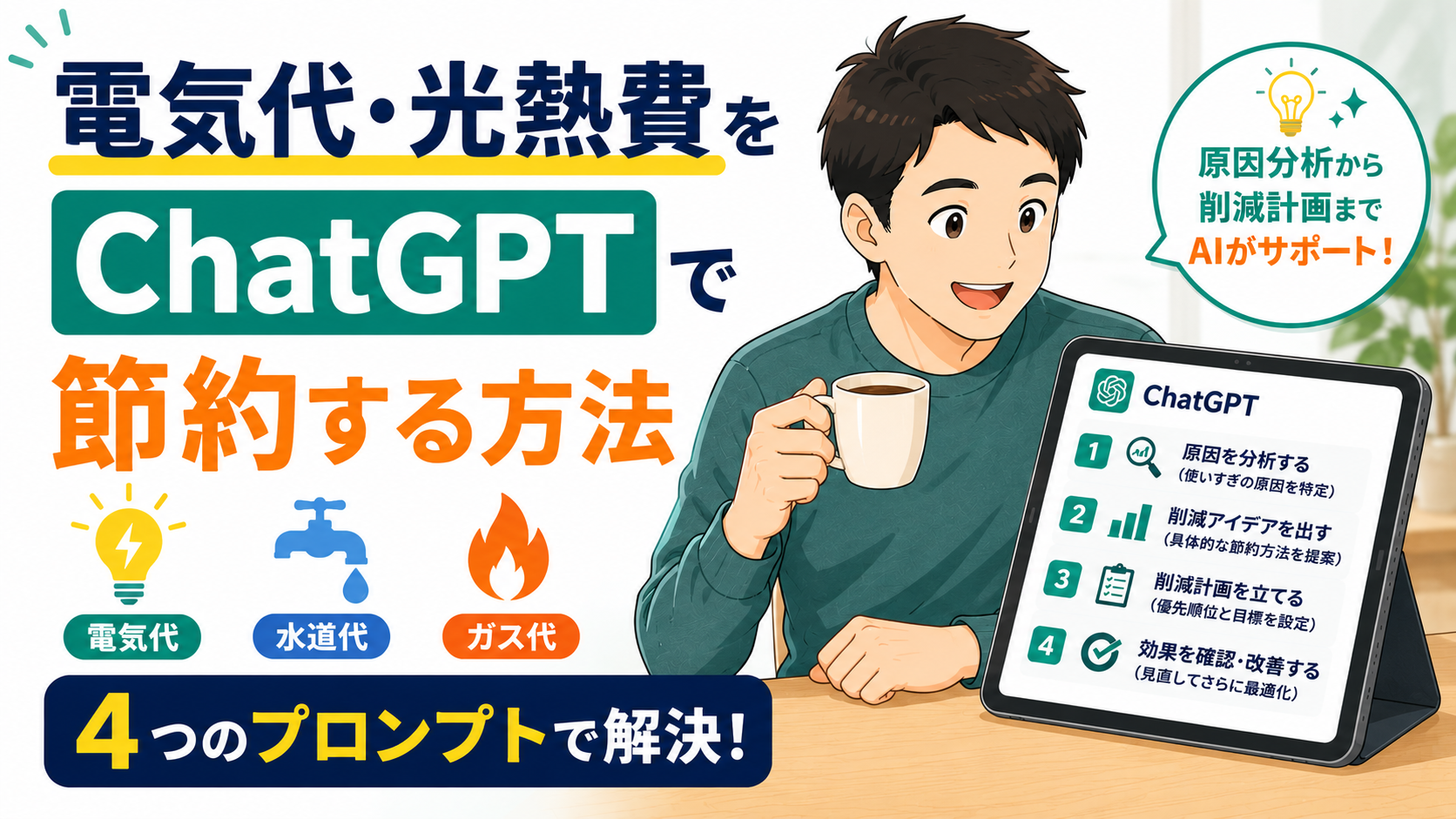 40代パパがChatGPTを活用して電気代・水道代・ガス代の節約方法を調べているブログ用サムネイル画像。左側には「電気代・光熱費を ChatGPTで 節約する方法」という大きなタイトルが配置され、下部には電気・水道・ガスのアイコンと「4つのプロンプトで解決！」の強調テキストが表示されている。右側にはコーヒーカップを持ちながらタブレットを見るパパのイラストが描かれ、タブレットには「原因分析」「削減アイデア」「削減計画」「効果確認」の4ステップが表示されている。吹き出しには「原因分析から削減計画までAIがサポート！」と書かれ、家計の固定費見直しをChatGPTで効率化する内容を表現している。